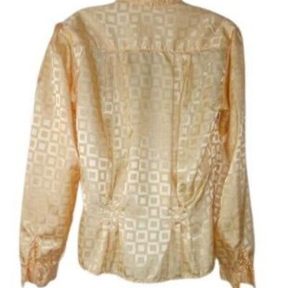 Vintage Joan Harper Womens Blouse Yellow Geometric Button Front Satin Pleated 12 - Picture 3 of 3